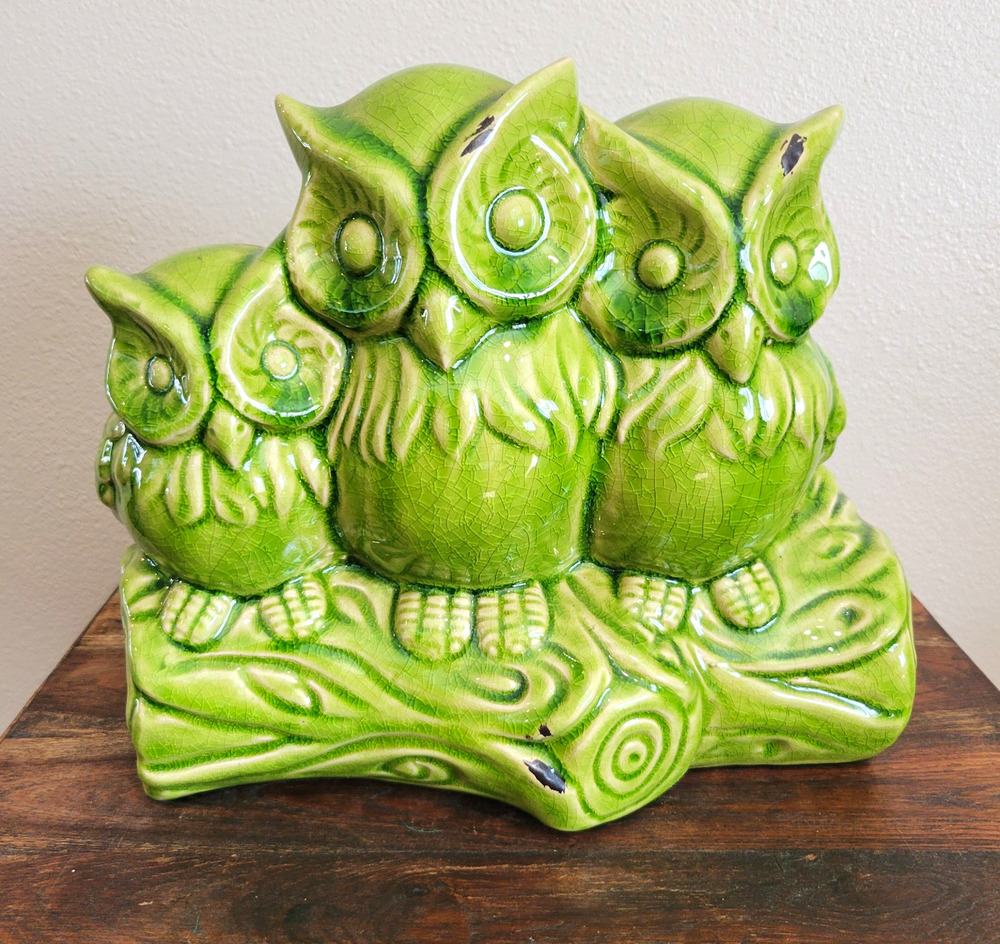 Green Glazed Ceramic Owl Trio on Log Figurine - Retro MCM Style Decor